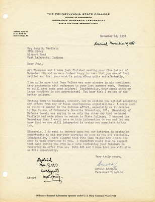 Recruiting Letter from Ordnance Research Laboratory