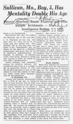 1931 Newspaper Story About Young Warfield